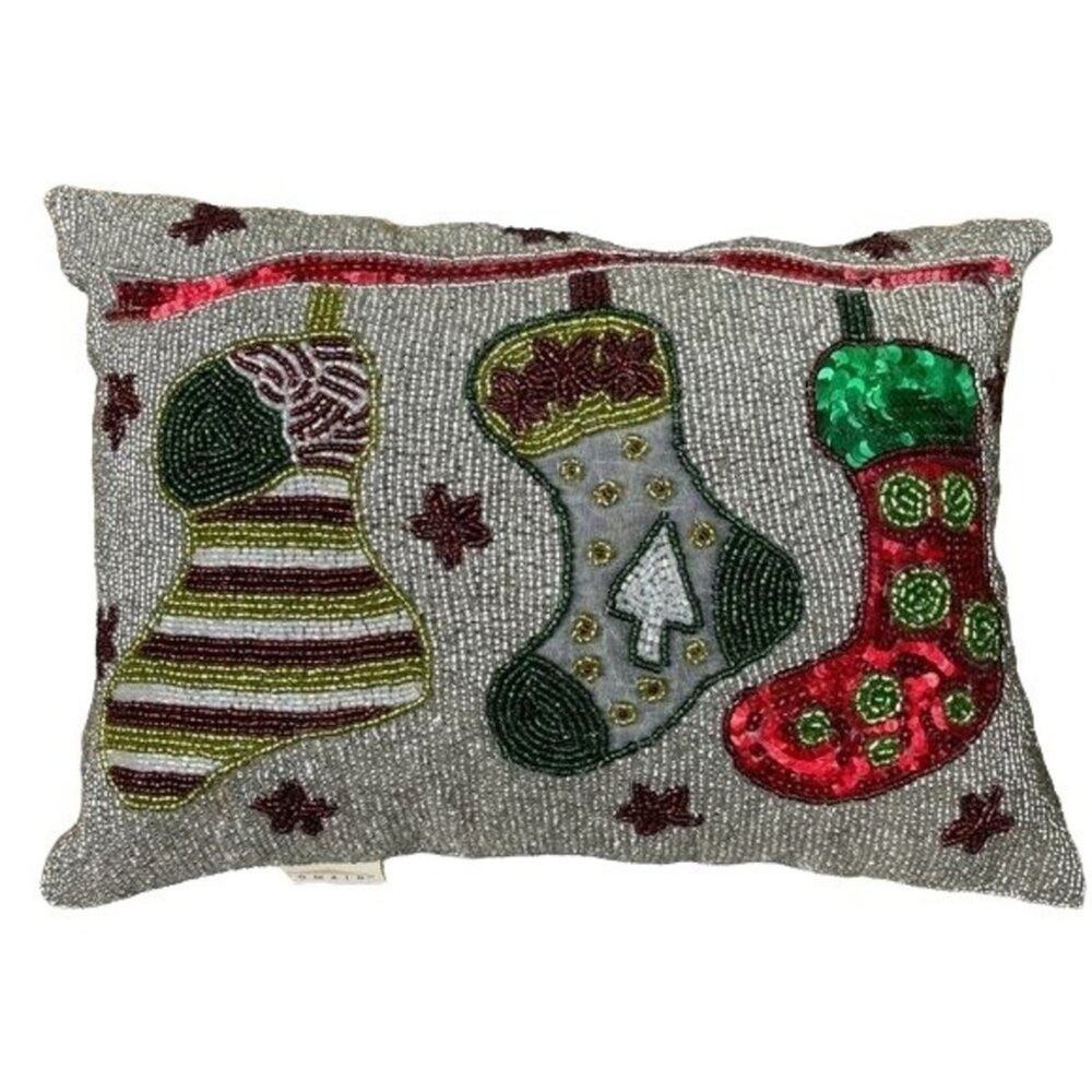 Domain Beaded Accent Pillow Holiday Decor Christmas Stockings Gray Green 15x10in